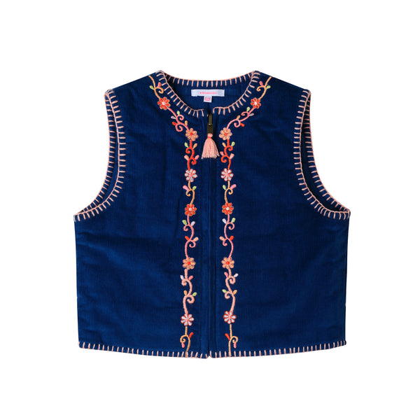 ЕАРНІ EMBROIDERY CORD VEST Vintage Embroidered Floral Vest Open Front Boho Cropped