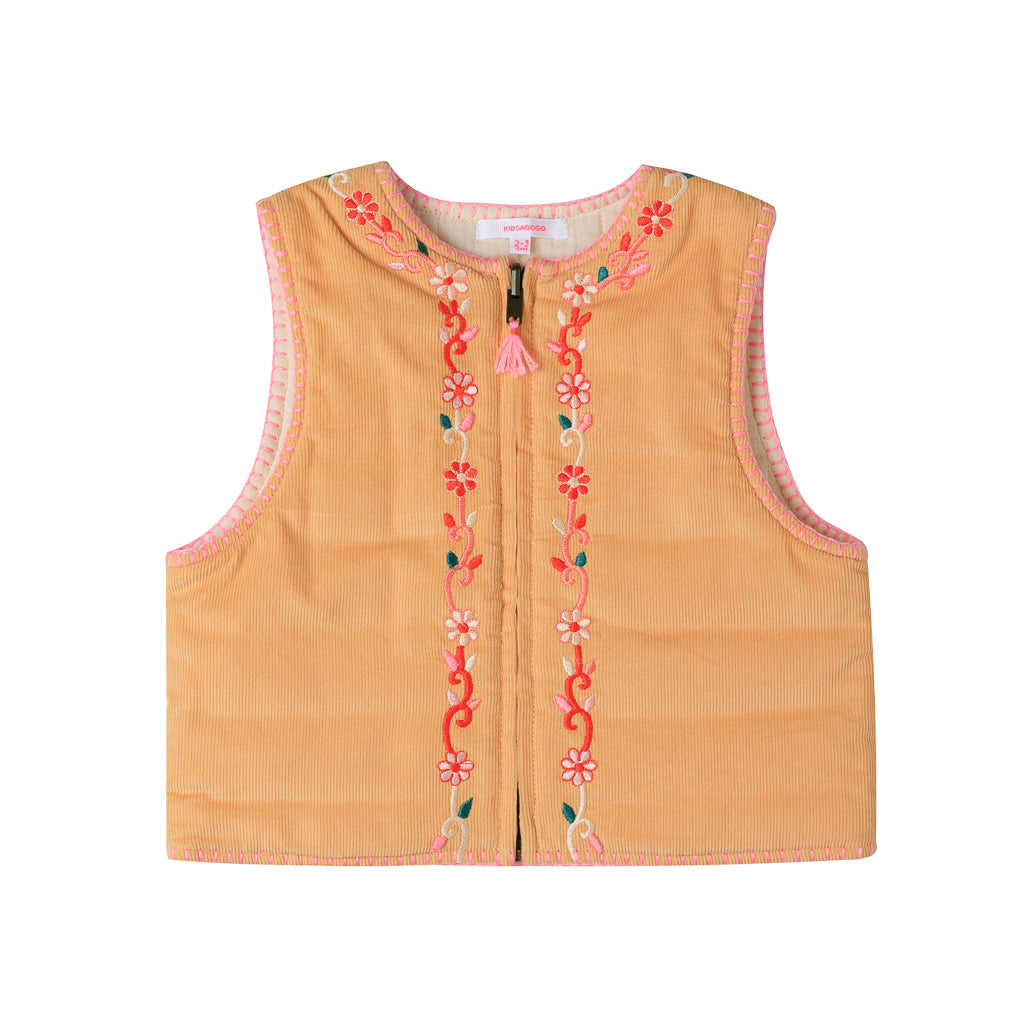 ЕАРНІ EMBROIDERY CORD VEST Vintage Embroidered Floral Vest Open Front Boho Cropped